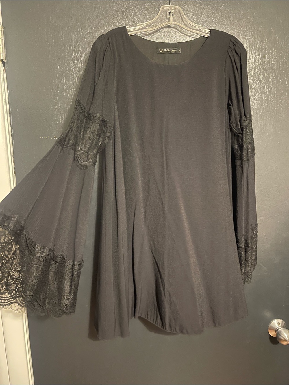 For Love & Lemons Black Mini Dress with Lace Bell Sleeves